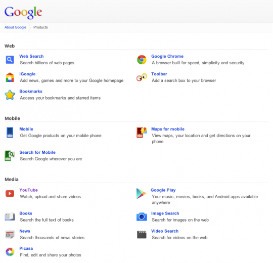 Google services menu