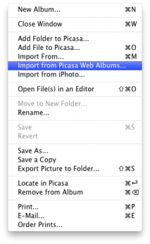 File Menu from Picasa software - Import from Picasa Web Albums selected
